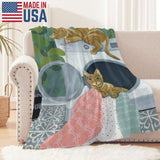Laundry Cats Flannel Blanket for Sofa Couch Bed, made in USA, cat design with washing machine, soft polyester