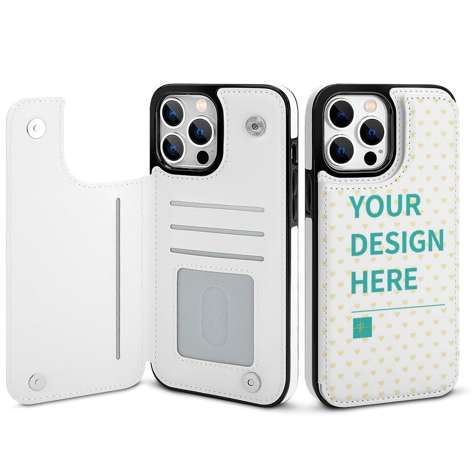 Personalized iPhone 14 wallet case with custom design in white PU leather, card slots, and magnetic closure