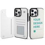 Personalized iPhone 14 wallet case with custom design in white PU leather, card slots, and magnetic closure