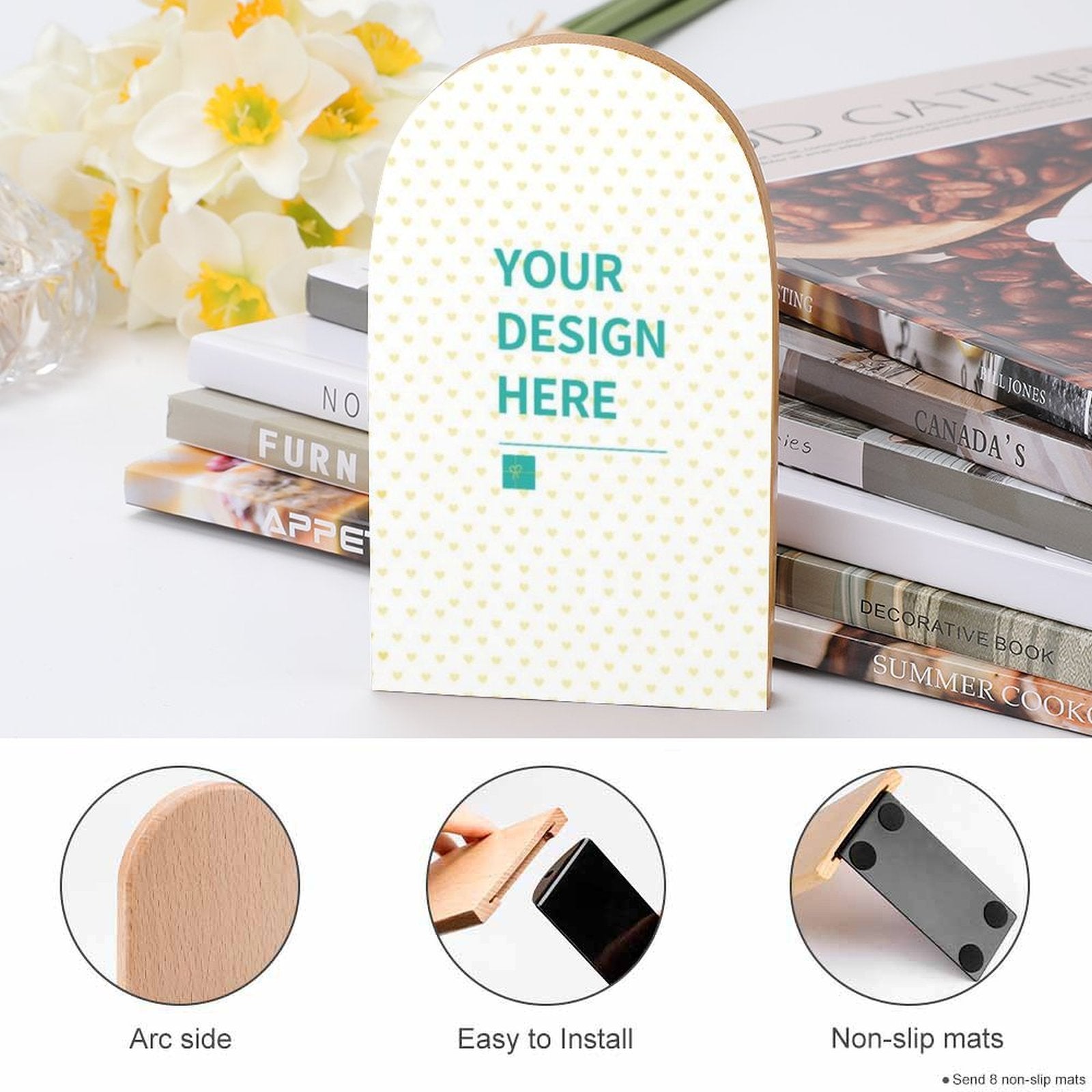 Custom beech wood bookend with 'YOUR DESIGN HERE' design, office bookshelf holder, easy to install, with non-slip mats.