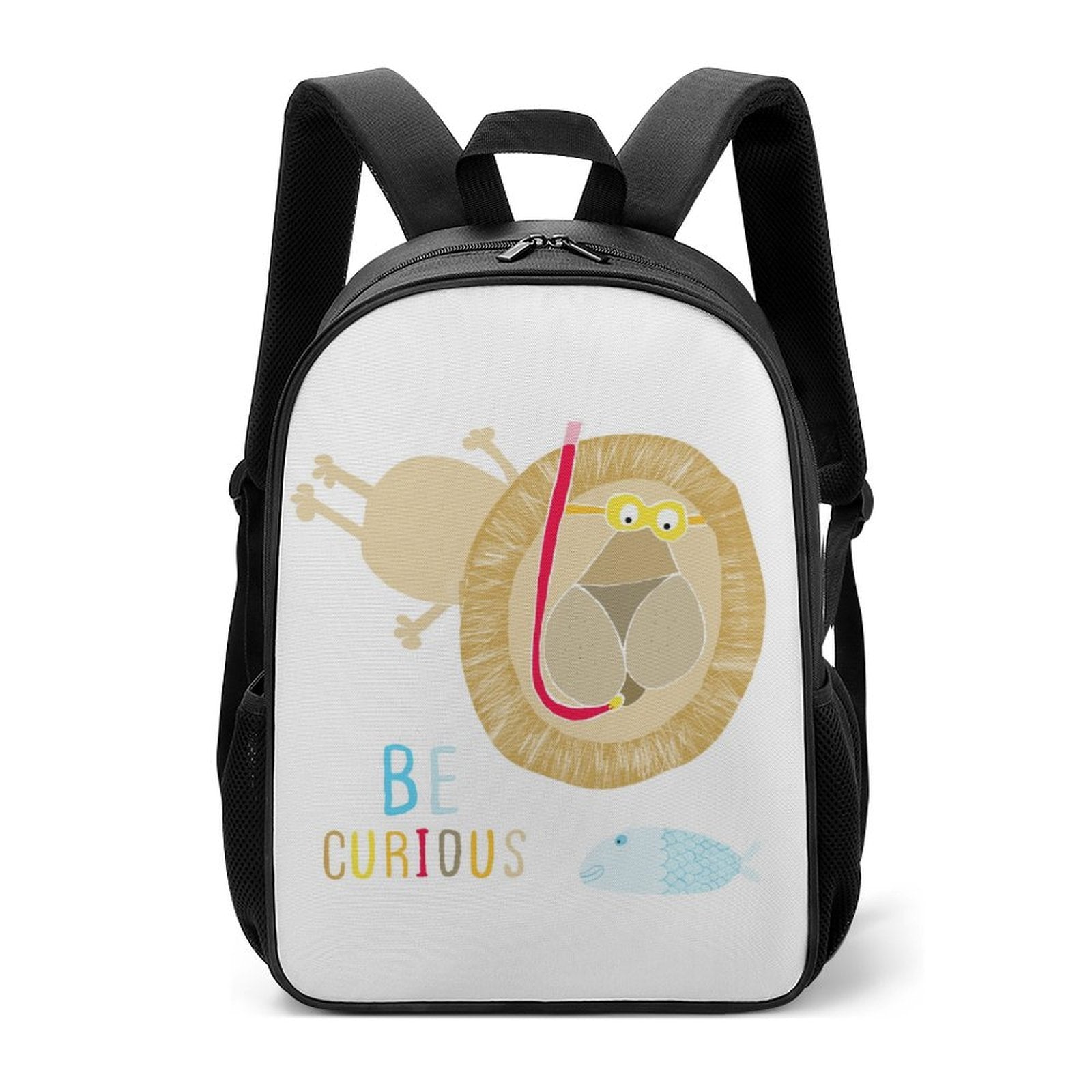 Kids backpack with lion graphic and 'Be Curious' text, ideal for school, travel, and camping