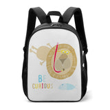 Kids backpack with lion graphic and 'Be Curious' text, ideal for school, travel, and camping