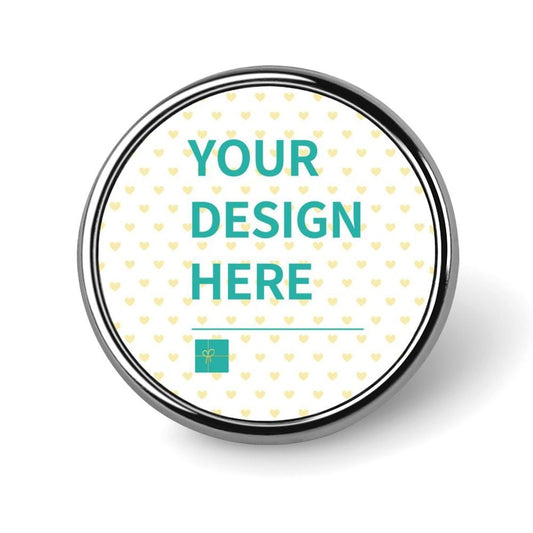 Custom round alloy pin with YOUR DESIGN HERE text. Personalized lapel pin, suitable for shirt, jacket, business or wedding