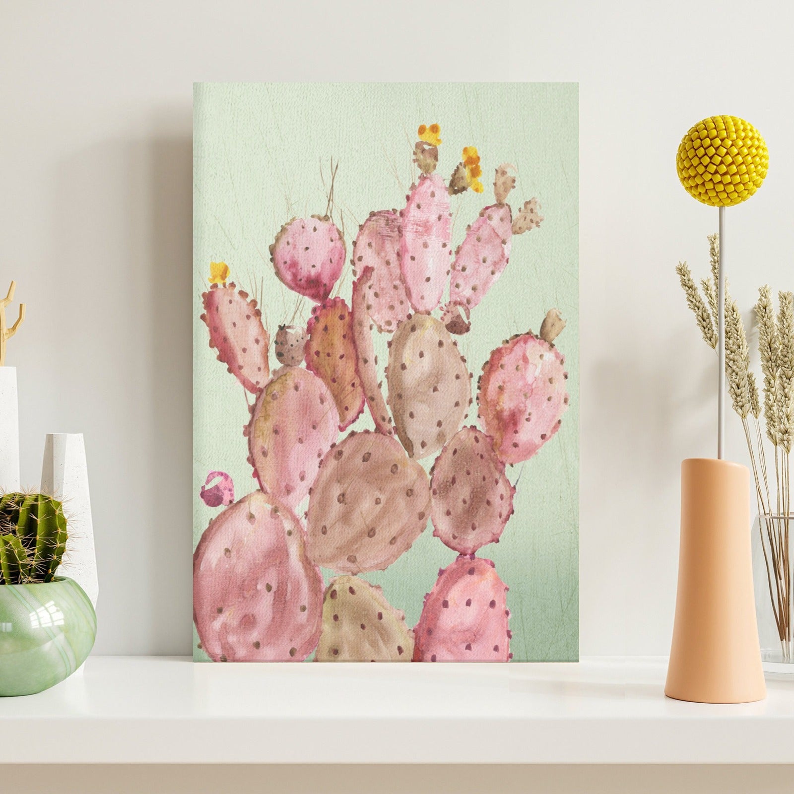 Pink cactus canvas wall art for home decor, modern minimalist design