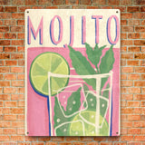 Mojito cocktail tin sign, iron wall art for home or bar decor; colorful drink illustration.