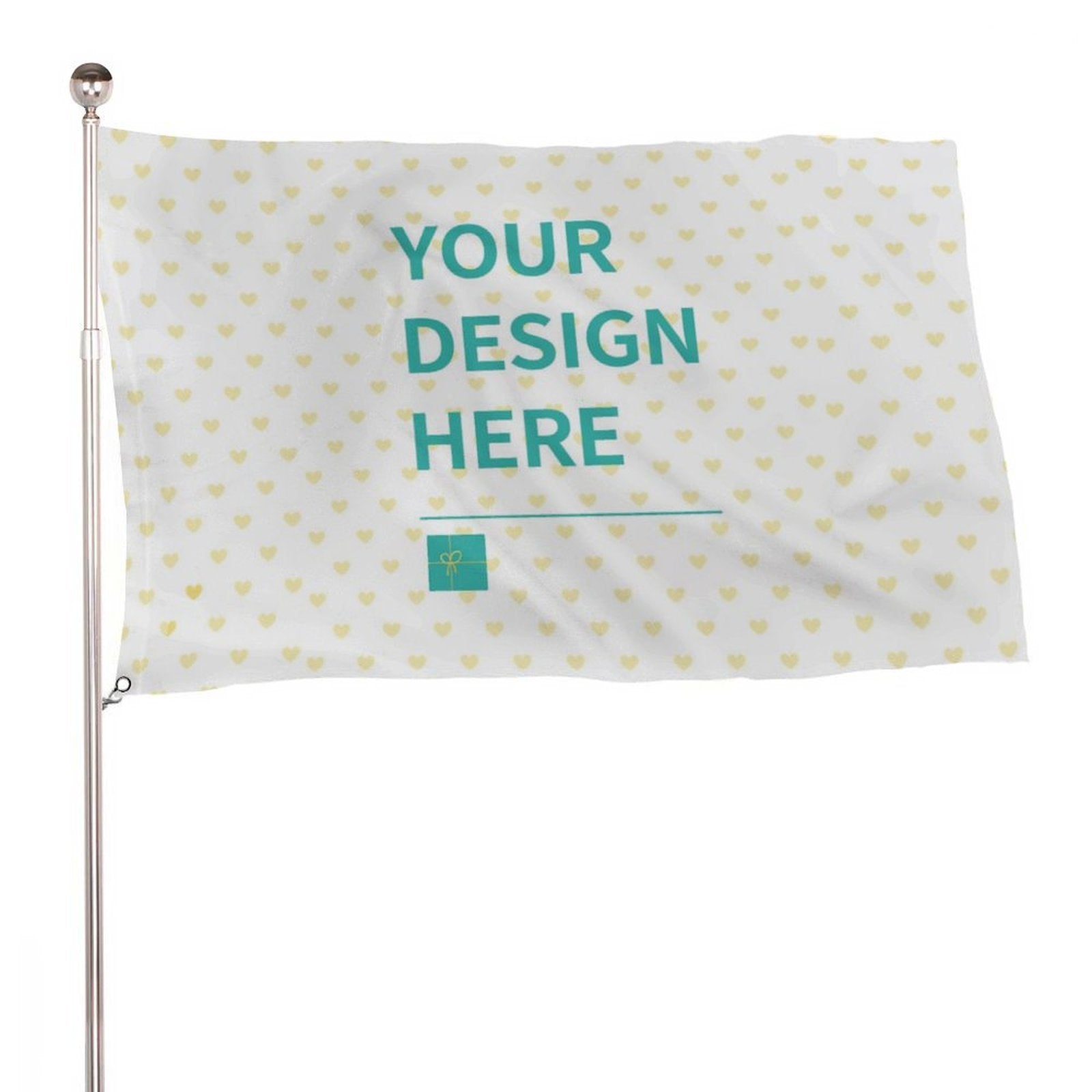 Customizable flag with 'YOUR DESIGN HERE' text, heart pattern, polyester fabric