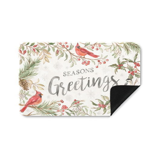 Winter entrance doormat featuring "Seasons Greetings" with cardinal birds, red berries, and evergreen branches.