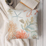 Plush pillow cover with watercolor seashell design. Soft, fluffy, and decorative pillow for sofa and couch.