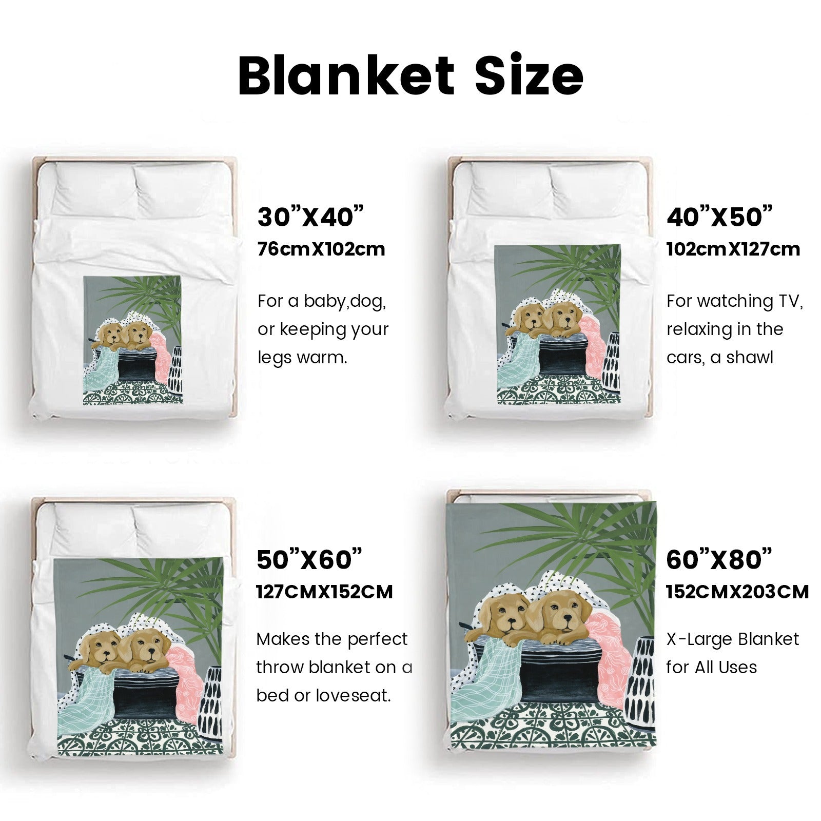 Laundry Dogs Flannel Blanket size guide. Available sizes include 30x40, 40x50, 50x60, and 60x80, USA made blanket.