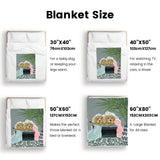 Laundry Dogs Flannel Blanket size guide. Available sizes include 30x40, 40x50, 50x60, and 60x80, USA made blanket.