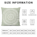 Sage green plush pillow cover with white mandala, featuring high quality, comfortable hand feel, and a non-run finish.