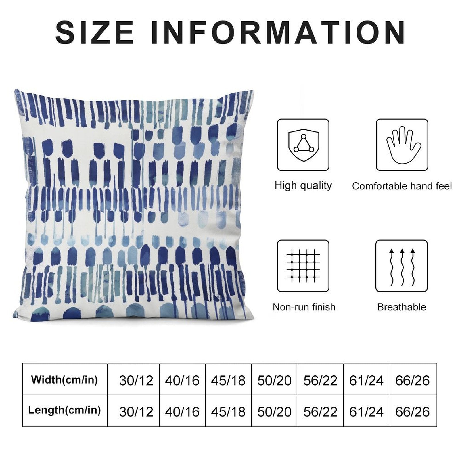 Blue abstract pillow cover for sofa, Size chart & features: high quality, comfortable feel, breathable. Luxury home decor.