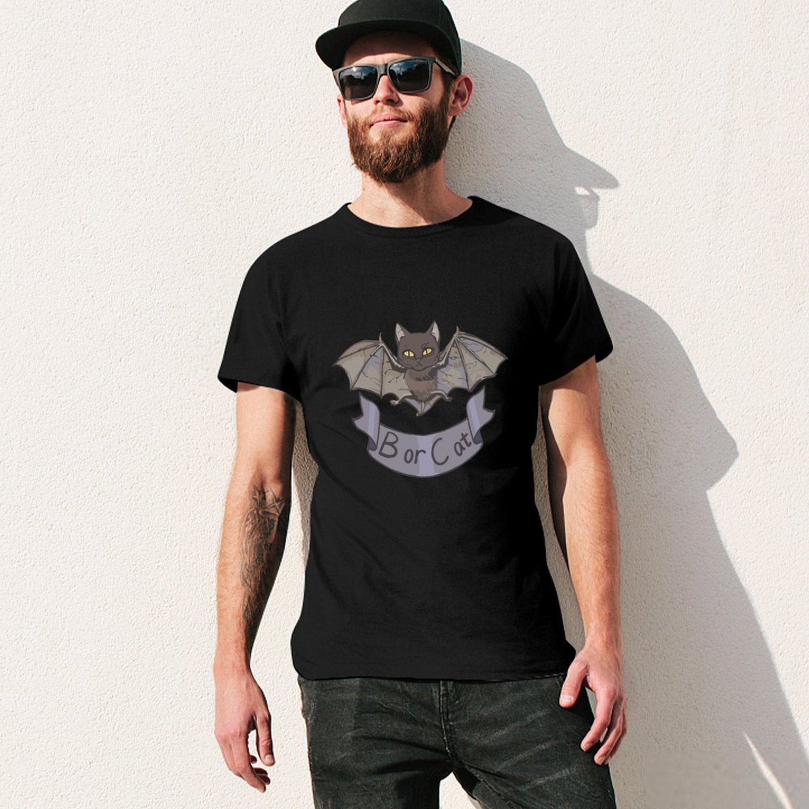 Black Men's crew neck t-shirt with 'Bor or Cat' bat-cat design, comfortable cotton tee for MyArtsyGift.
