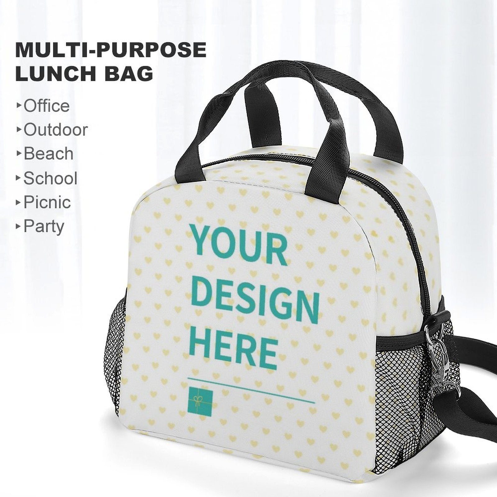 Customizable lunch bag with heart pattern and personalized design options, perfect for school, work, picnic, and outdoor use