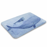 Coral velvet bath rug with blue whales design, non-slip and absorbent for bathroom use