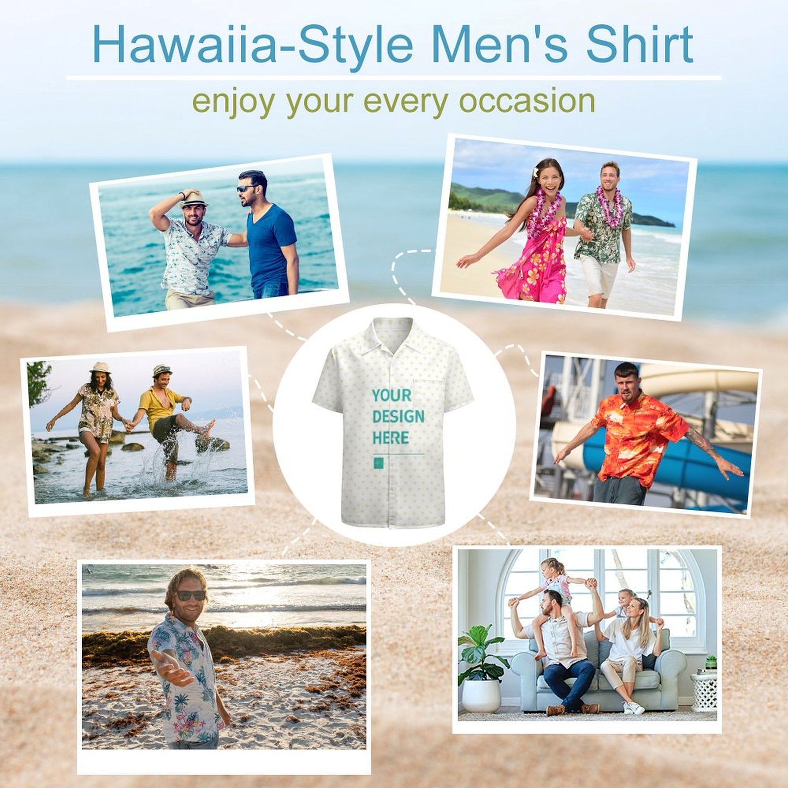 Custom men's Hawaiian shirt, 'YOUR DESIGN HERE' design, perfect for summer activities