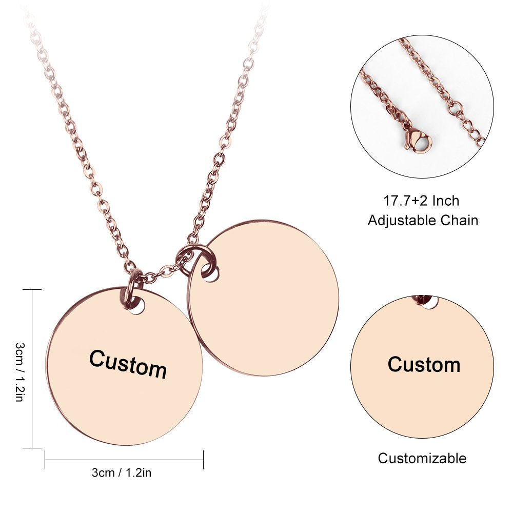 Customizable rose gold double disc pendant necklace, titanium steel, perfect personalized gift.