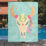 Cowgirl Club IV Tin Sign - Iron wall art with cow skull, feathers, turquoise background. Home decor.