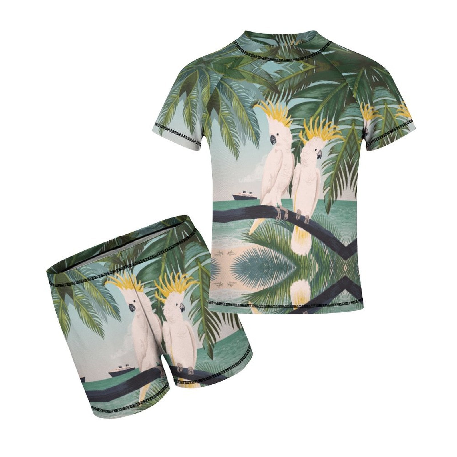 Boys' Rash Guard Set: Parrot design swim shirt & swim trunks, polyester/spandex fabric, summer wear.