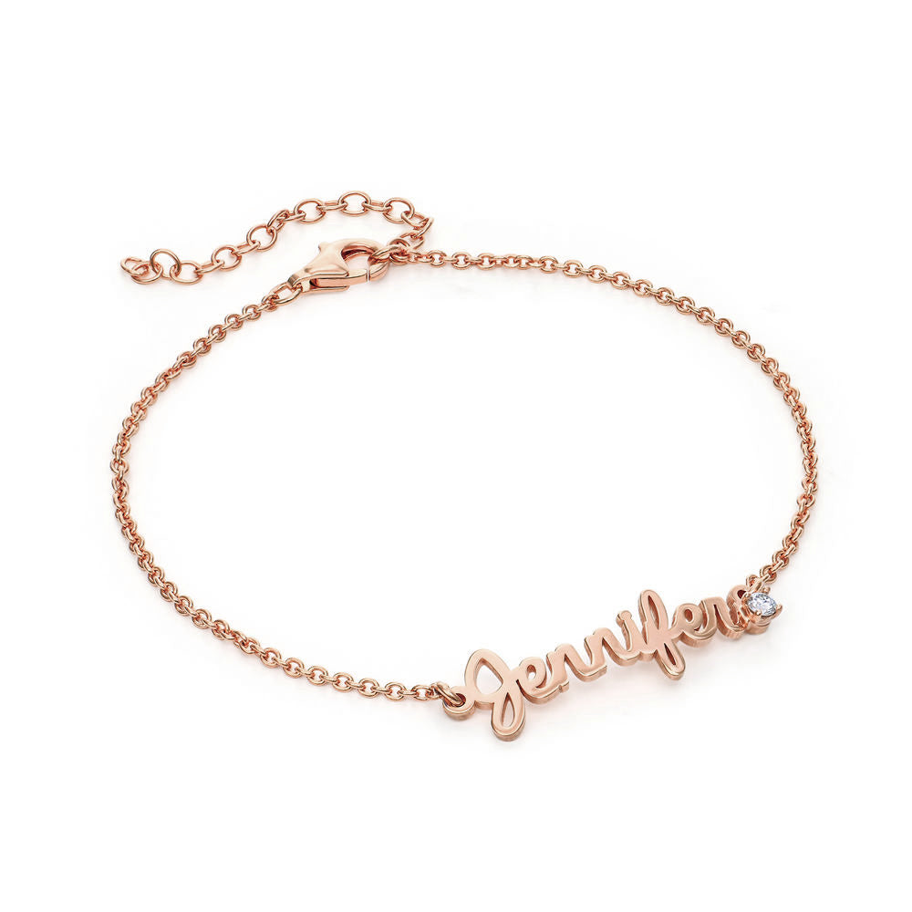Rose gold Jennifer name bracelet with gem, personalized jewelry gift for women.