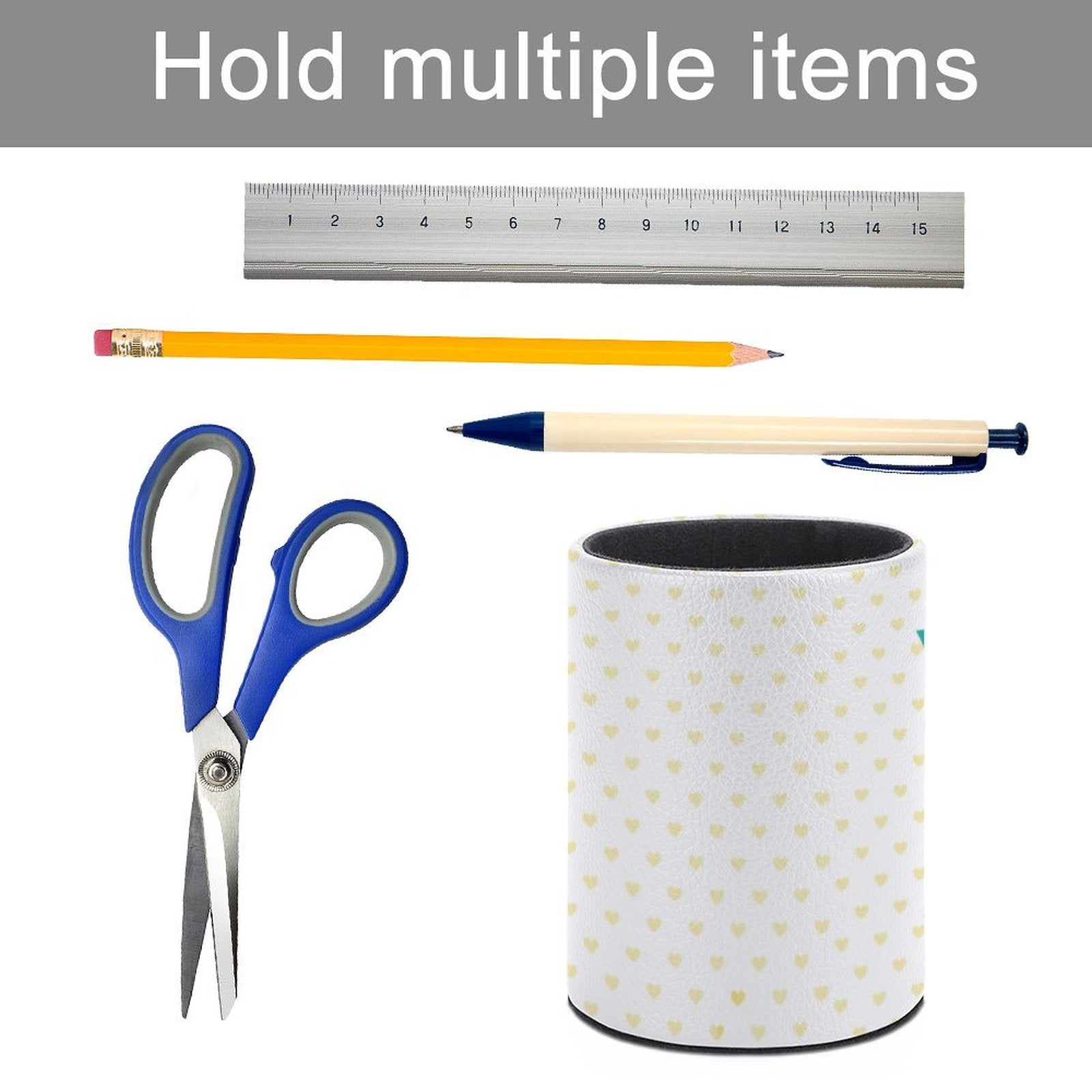 Desk pen pencil holder with multiple stationery items, heart pattern design. Ideal for office, school, and home.
