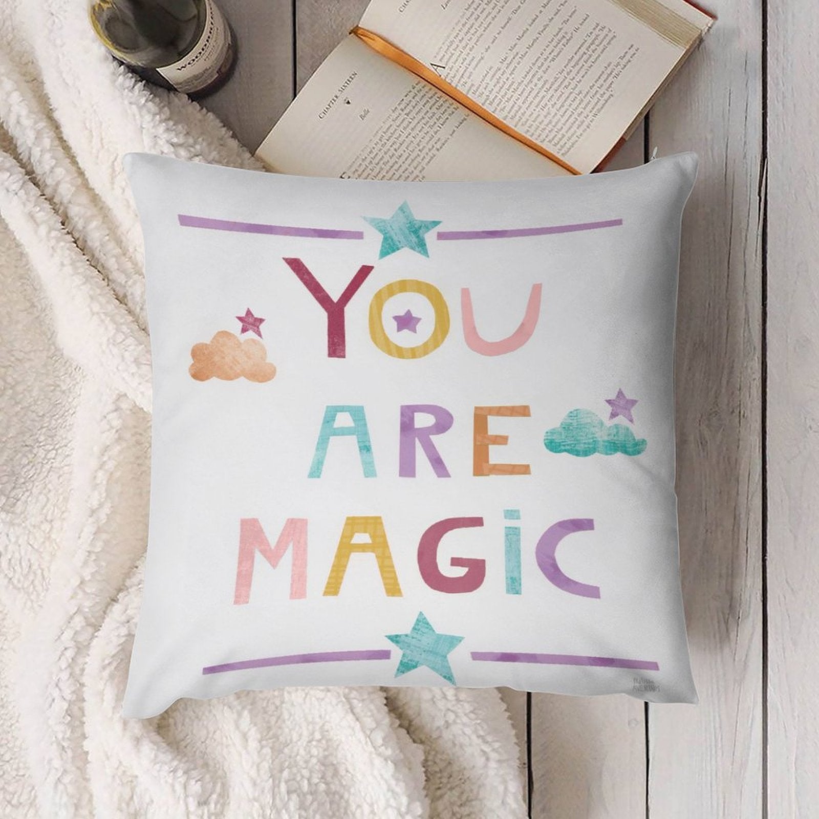 Square plush pillow cover with YOU ARE MAGIC design, soft and comfortable home decor.