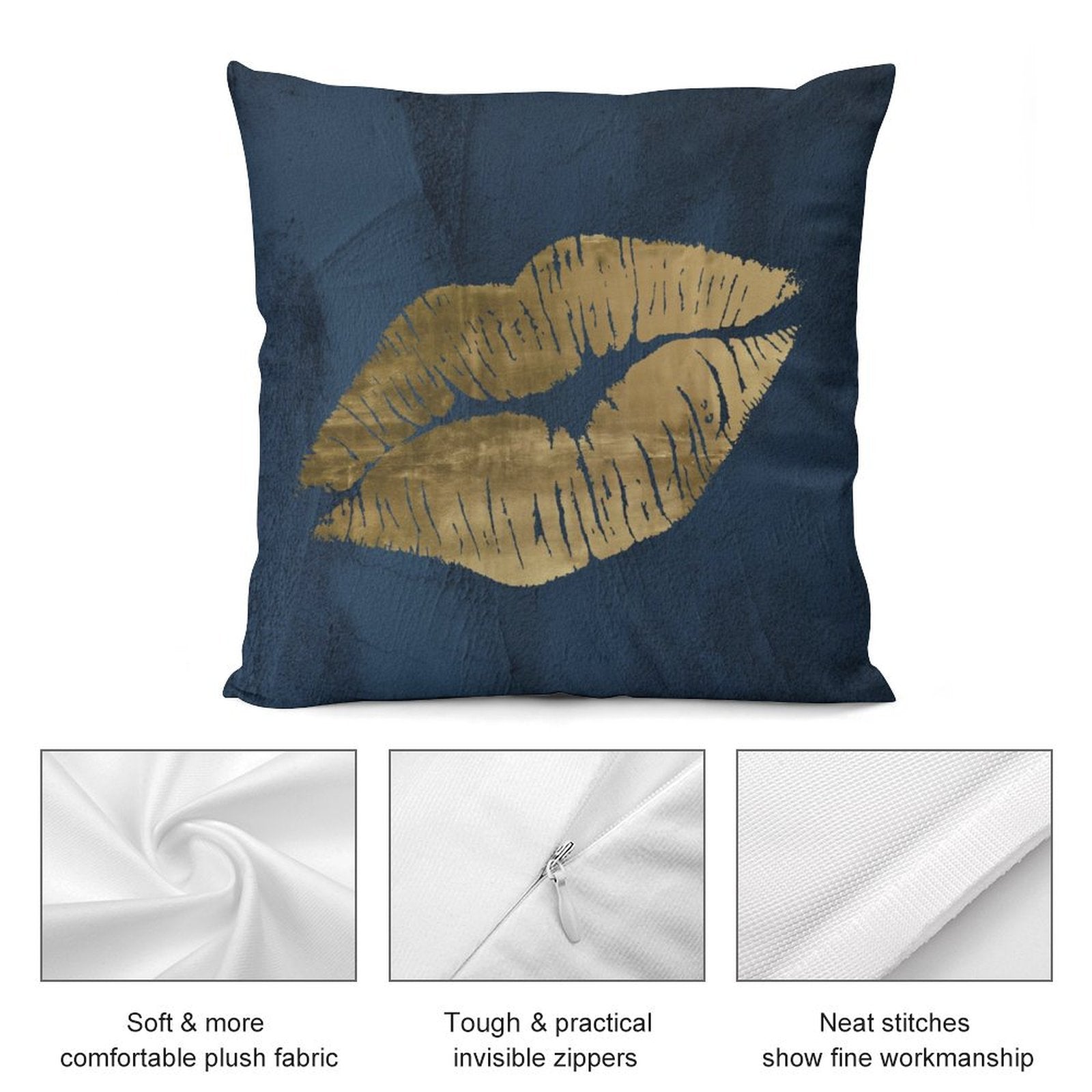 Navy pillow cover with gold lips print, soft plush fabric, invisible zipper, neat stitches. Decorative for sofa.