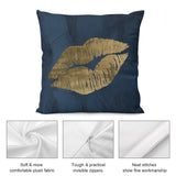Navy pillow cover with gold lips print, soft plush fabric, invisible zipper, neat stitches. Decorative for sofa.
