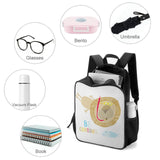 Kids' school backpack with lion graphic and 'Be Curious' text, plus essentials like book, water bottle, and glasses.