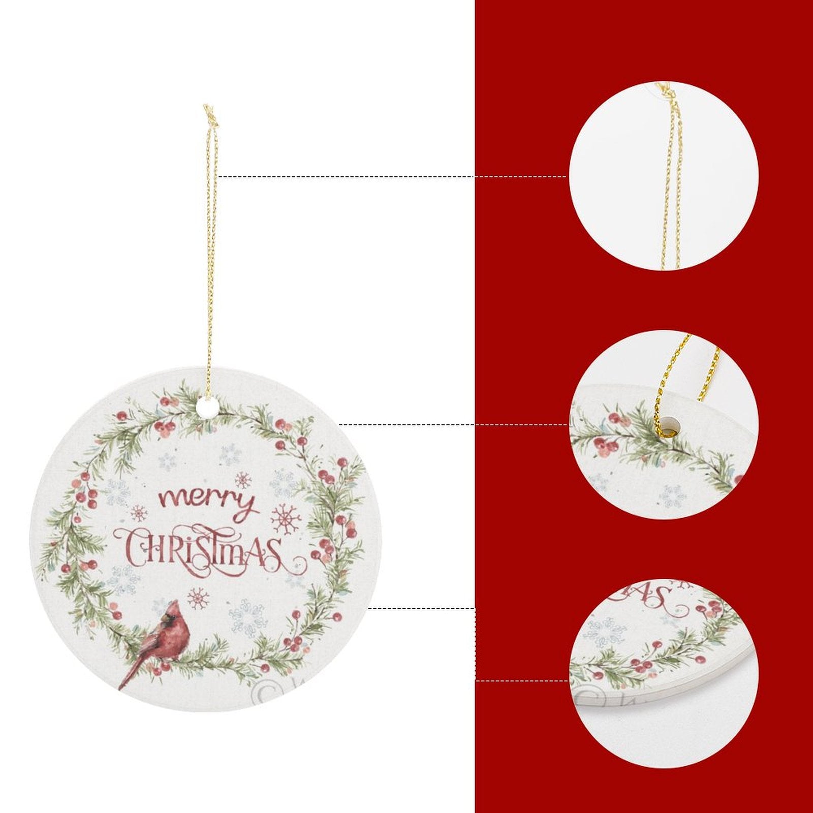 Round ceramic Merry Christmas ornament with cardinal and festive wreath, perfect holiday decor from MyArtsyGift