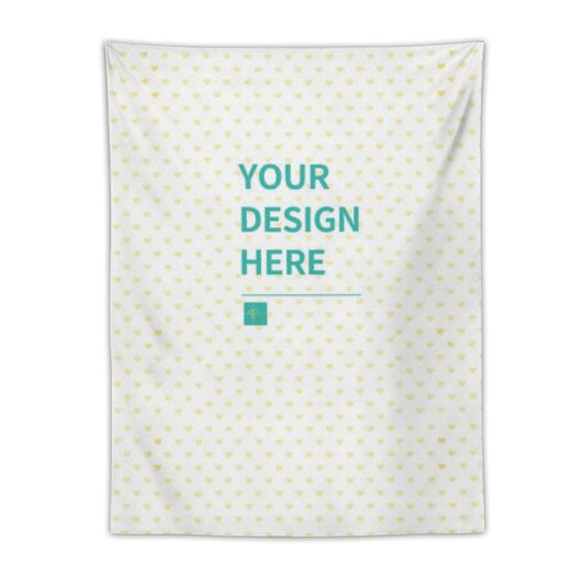 Customizable wall tapestry with heart pattern, personalized design, "YOUR DESIGN HERE" text, home decor