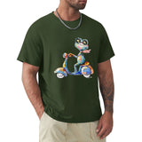 Men's dark green cotton t-shirt with frog scooter art design. Breathable classic tee, MyArtsyGift.