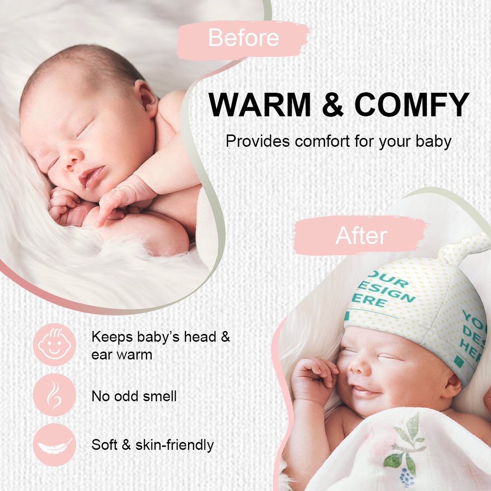 Custom baby beanie hat, warm and comfy, soft and skin-friendly for newborns, personalized design option