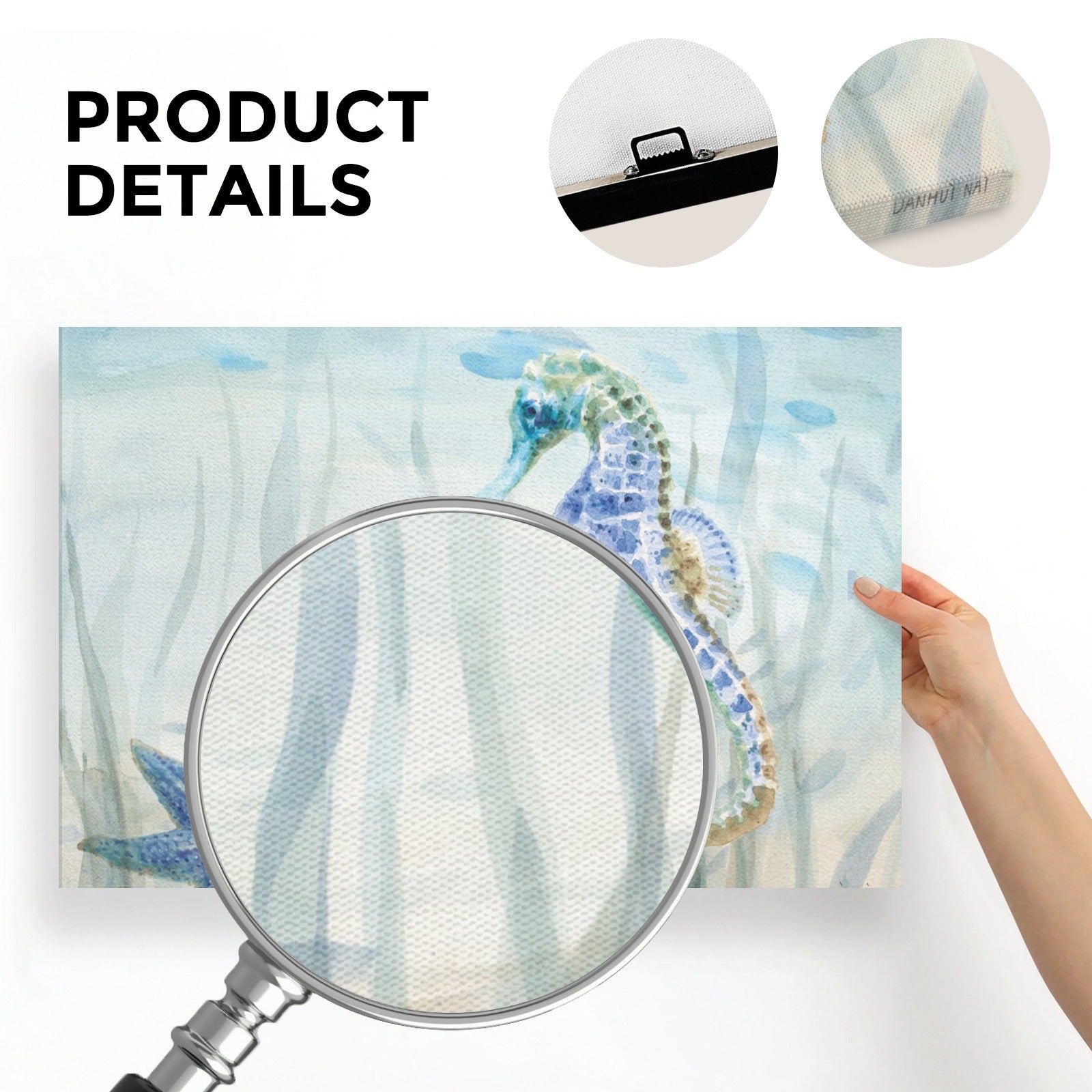 Canvas print with seahorse and starfish watercolor, product details shown, including material and hanging hardware.