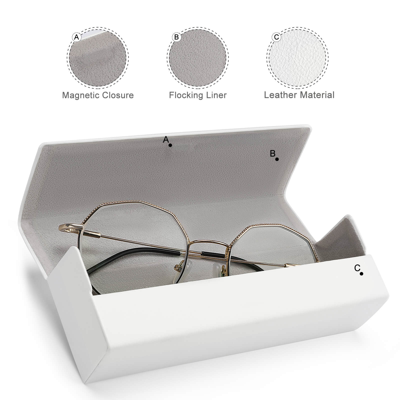 White leather glasses case with magnetic closure and flocking liner, protecting eyeglasses. A perfect gift.