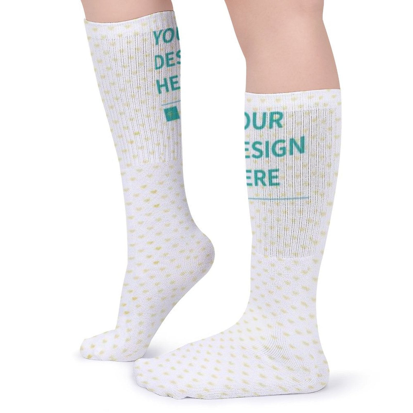 Customizable white knee-high socks with heart pattern and 'YOUR DESIGN HERE' for men and women; a great gift.