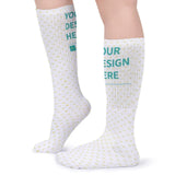 Customizable white knee-high socks with heart pattern and 'YOUR DESIGN HERE' for men and women; a great gift.
