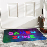 Gamer Zone doormat with neon sign in front of a white door and rain boot, game room entrance