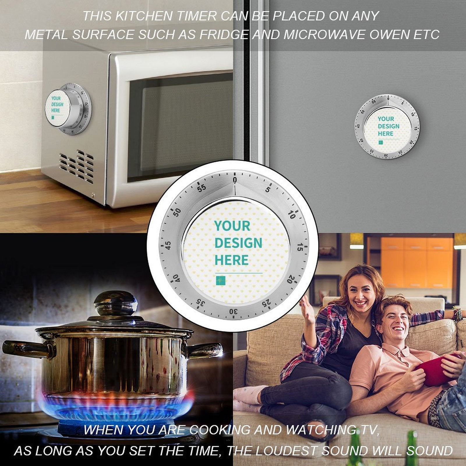 Customizable stainless steel timer with YOUR DESIGN HERE design for school kitchens, perfect for cooking