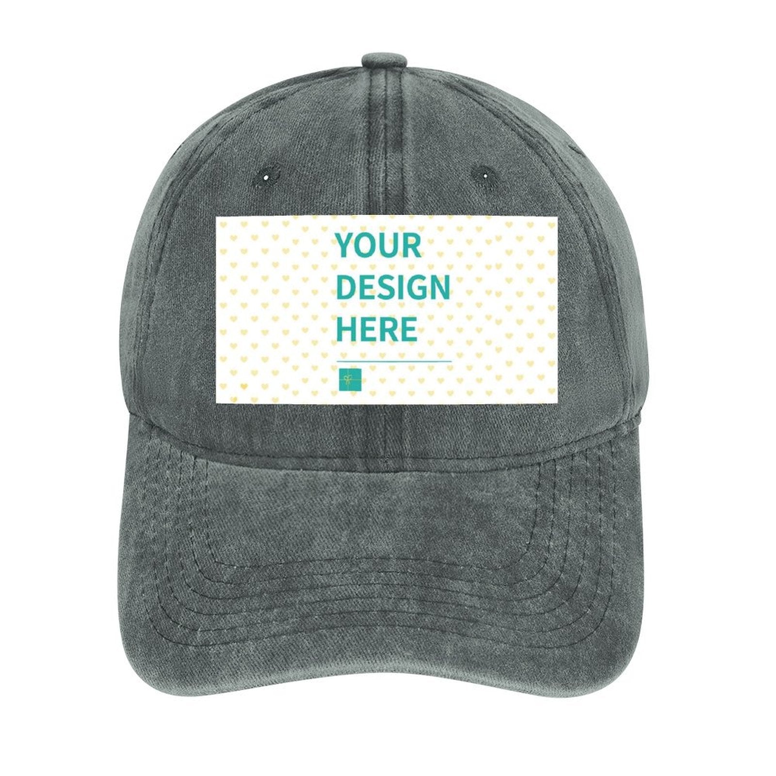 Custom denim baseball cap with 'YOUR DESIGN HERE' text, personalized trucker hat for men and women.