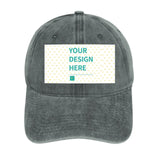 Custom denim baseball cap with 'YOUR DESIGN HERE' text, personalized trucker hat for men and women.