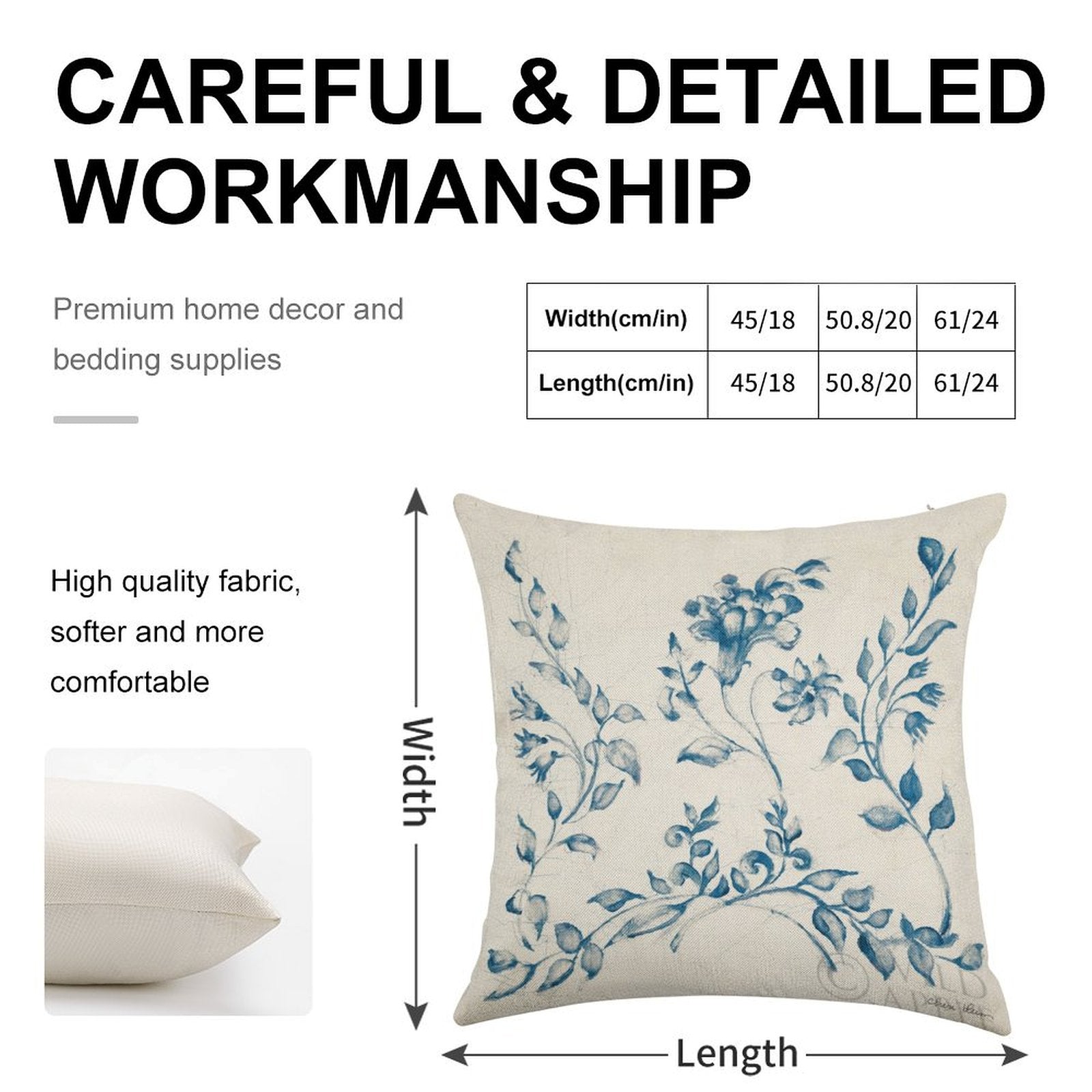 Linen throw pillow case with blue floral design, premium home decor, soft and comfortable, detailed craftsmanship