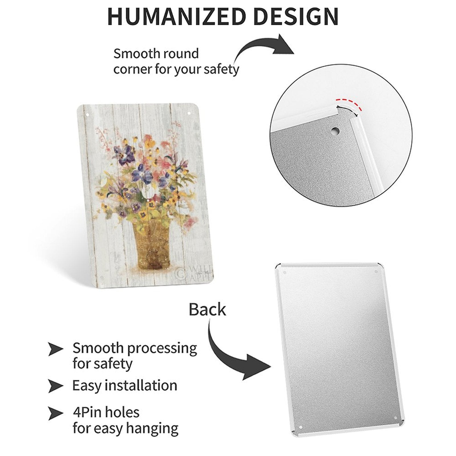 Metal tin sign featuring wildflowers in a vase, with smooth corners and easy installation options for home decor