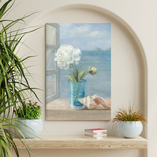 Modern canvas wall art with white peony, seashell, and sea view. Home decor for living room, bedroom, kitchen, office.