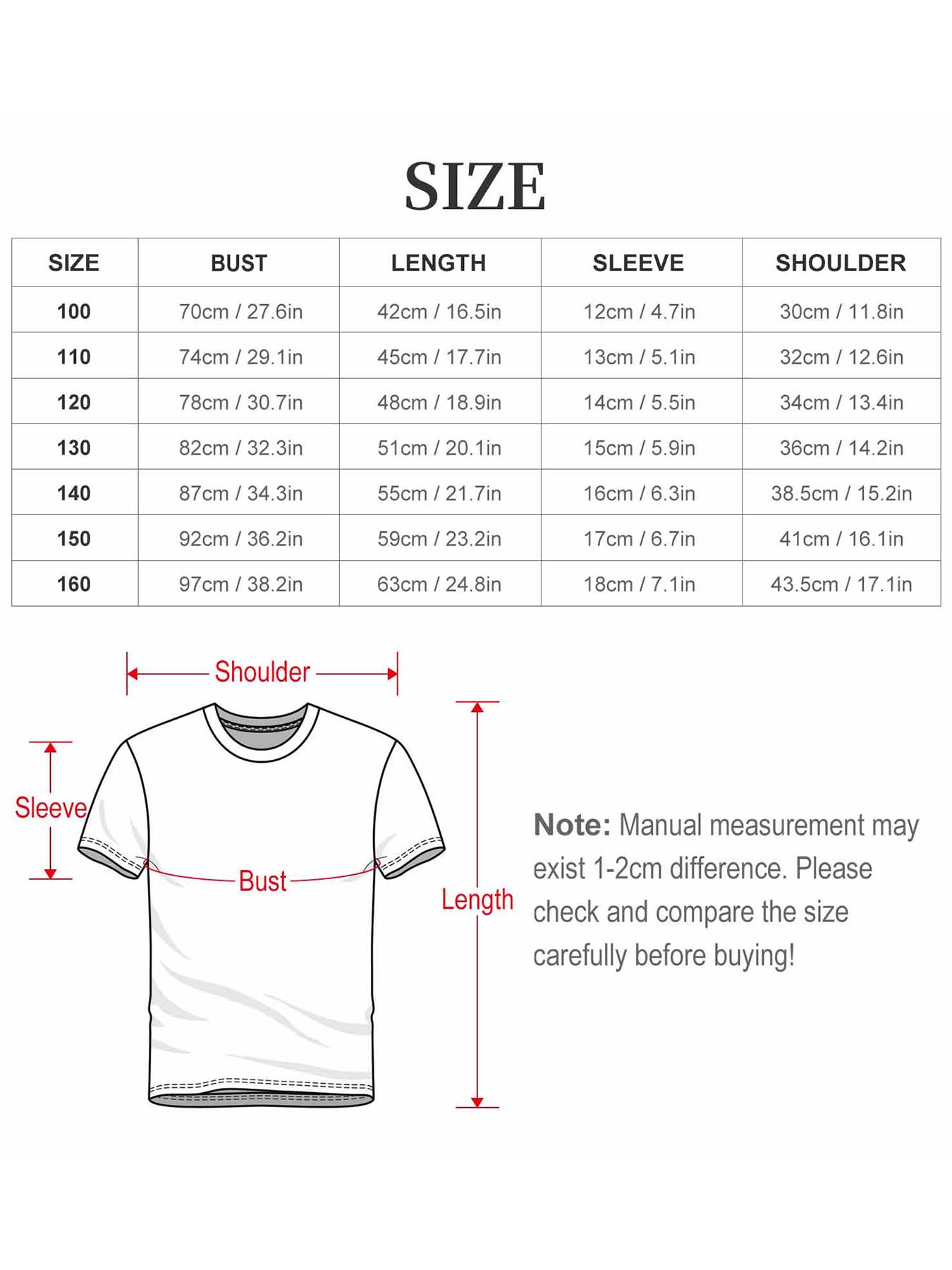 Kids' T-shirt size guide: measurements for bust, length, sleeve, shoulder. Size chart for kids' tees.