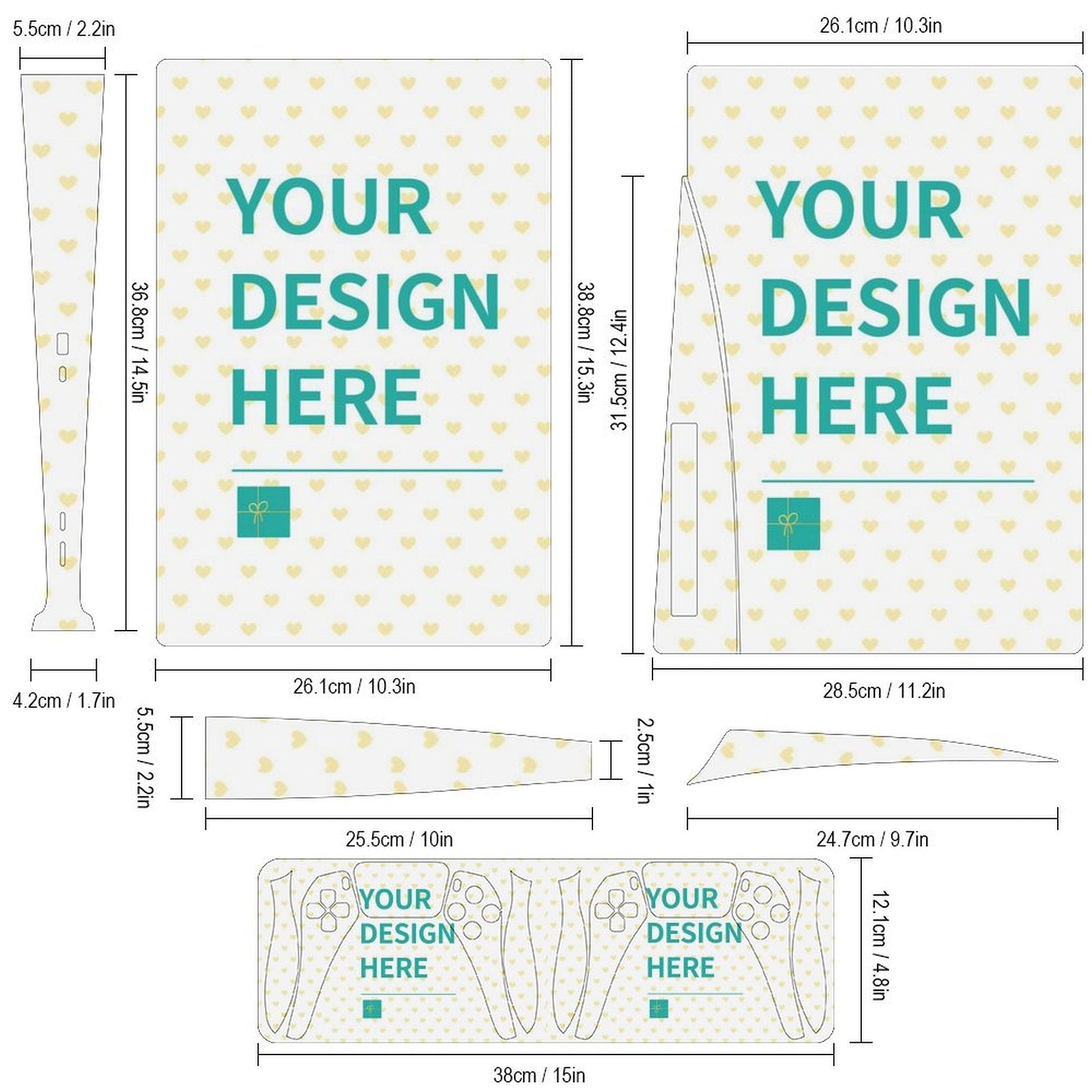Custom PS5 skins design diagram, featuring console and controller stickers with customizable 'YOUR DESIGN HERE' text.