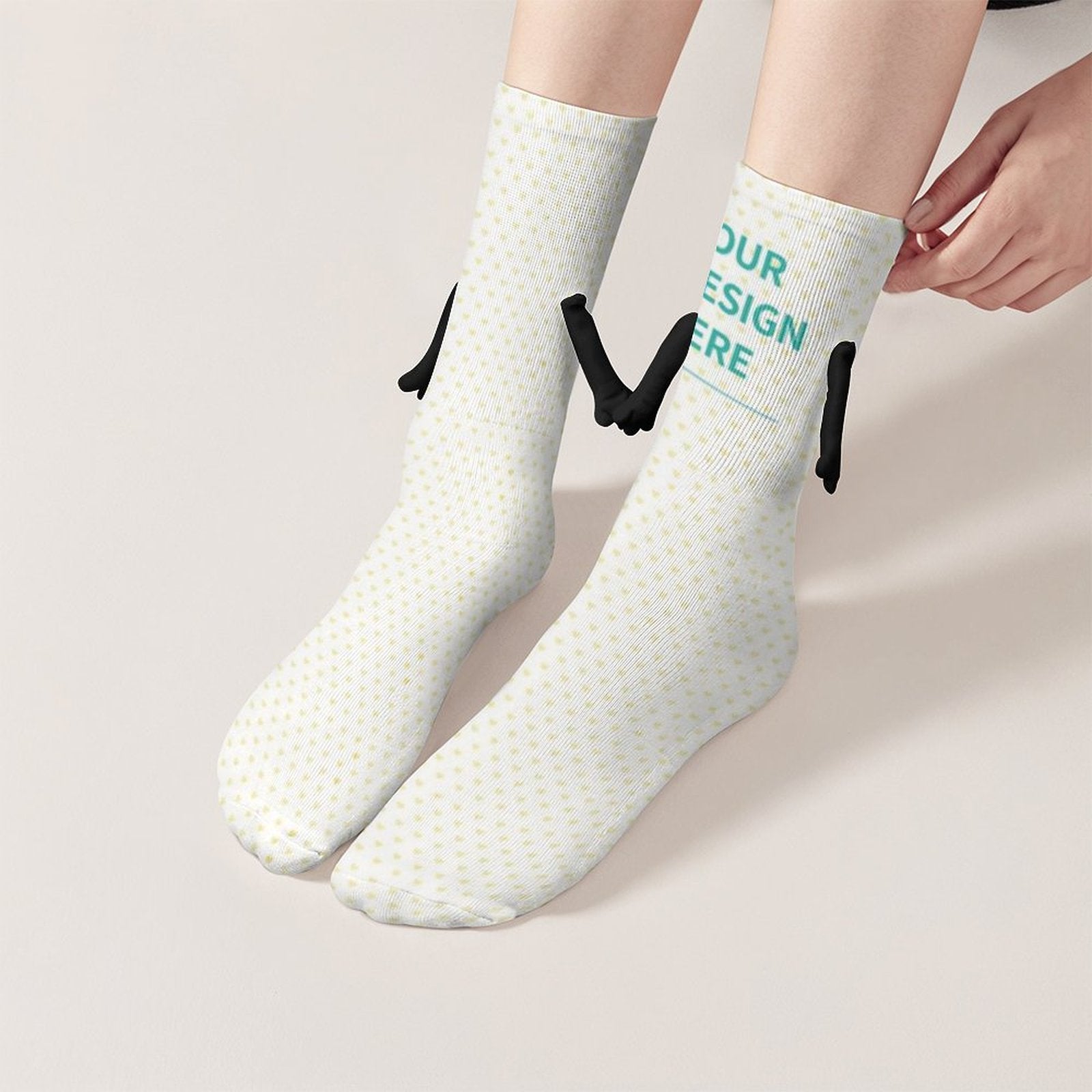 White holding hands socks with 'YOUR DESIGN HERE' text, couple gift. Made of polyester fiber, comfortable.