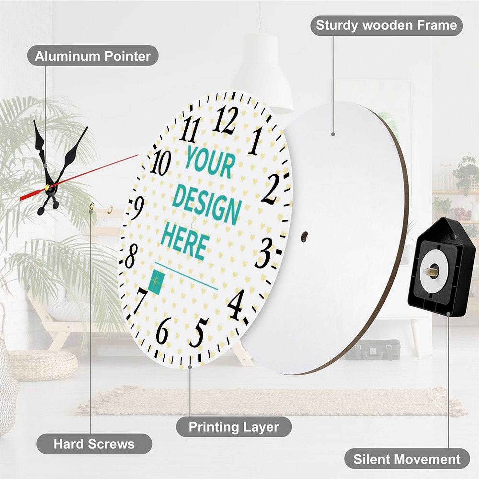 Custom wooden wall clock with 'YOUR DESIGN HERE' design, silent movement, perfect home decor