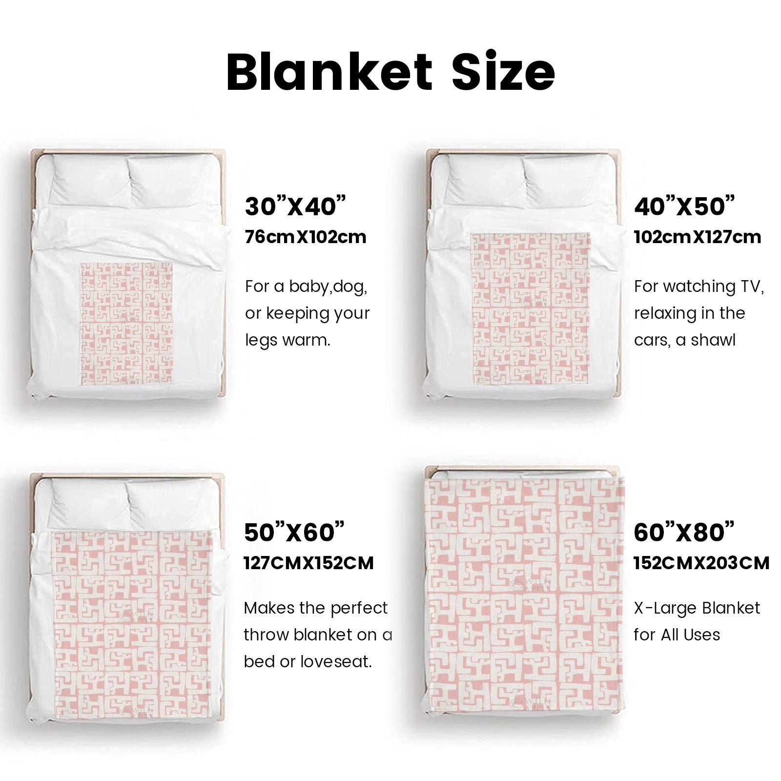 Blush flannel blanket sizes: 30x40, 40x50, 50x60, 60x80, perfect for various uses.