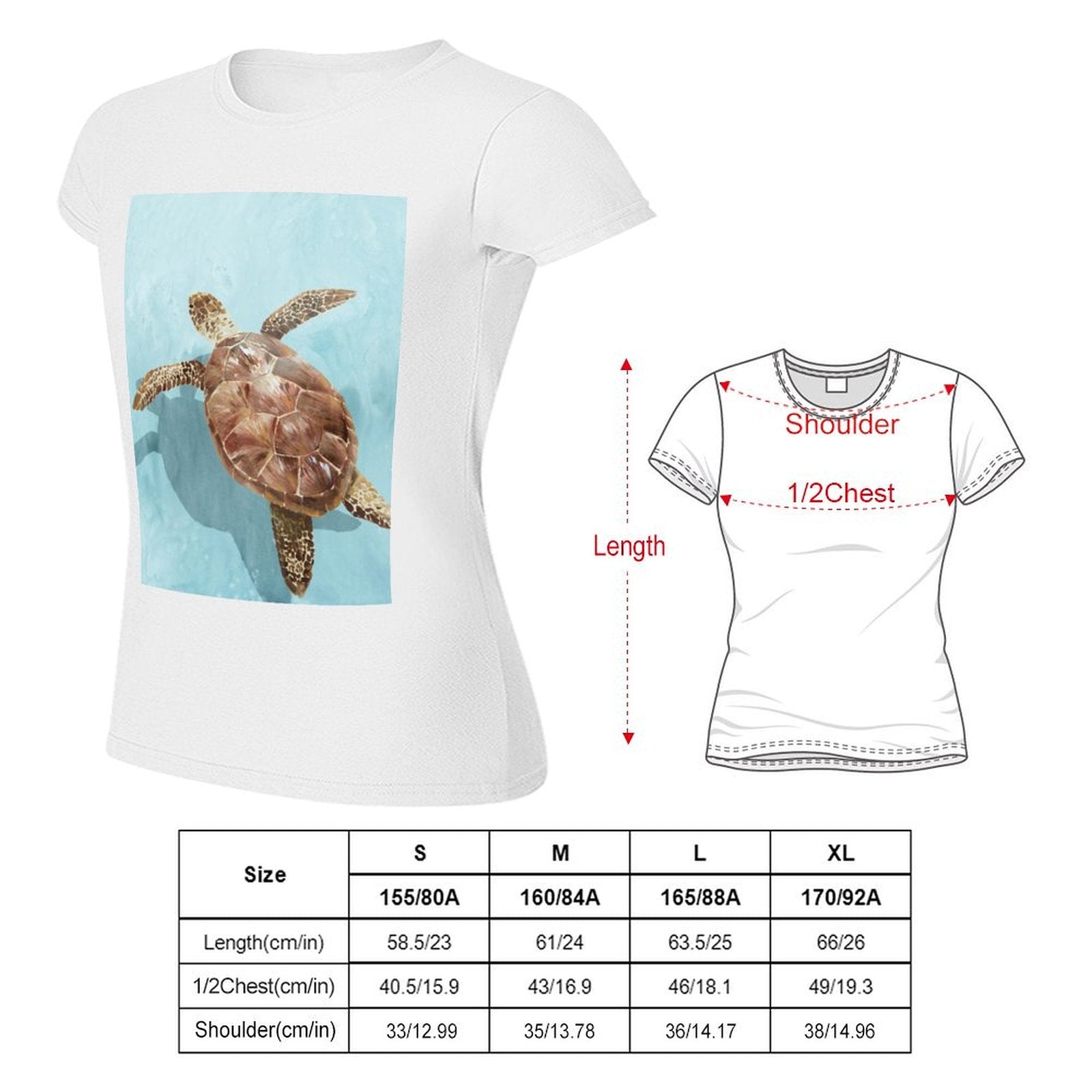 Women's white crewneck tee with sea turtle print, size chart for the shirt